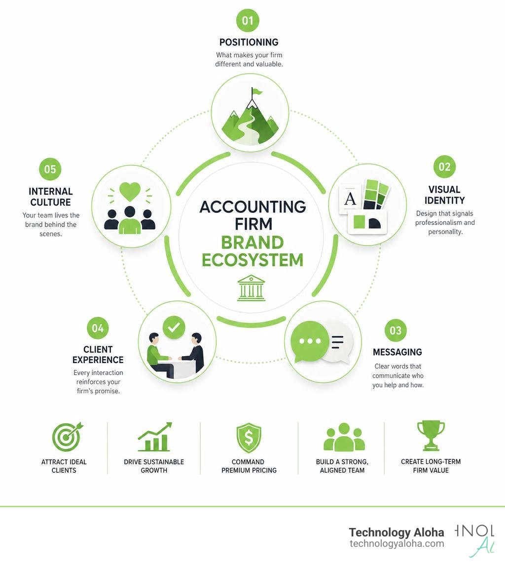 Infographic showing the accounting firm brand ecosystem: positioning, visual identity, messaging, client experience, and