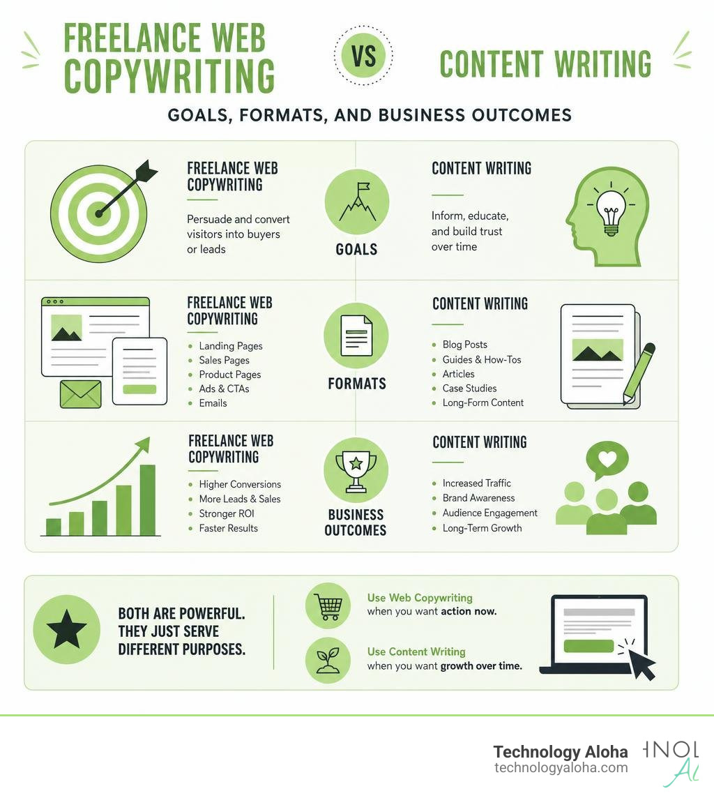 Infographic comparing freelance web copywriting vs content writing: goals, formats, and business outcomes infographic