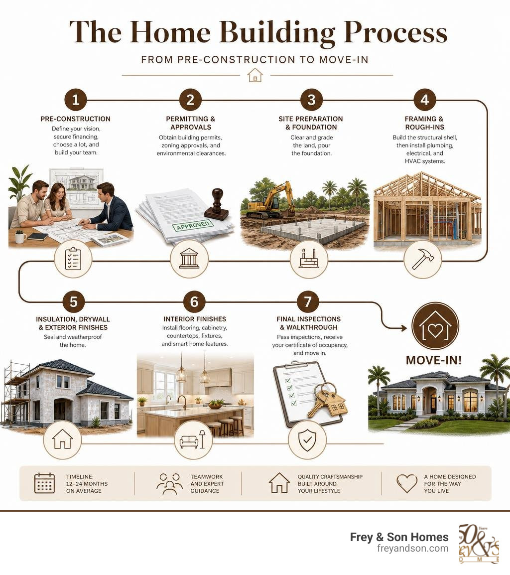 Step-by-step home building process timeline infographic from pre-construction to move-in infographic Step-by-step home building process timeline infographic from pre-construction to move-in infographic
