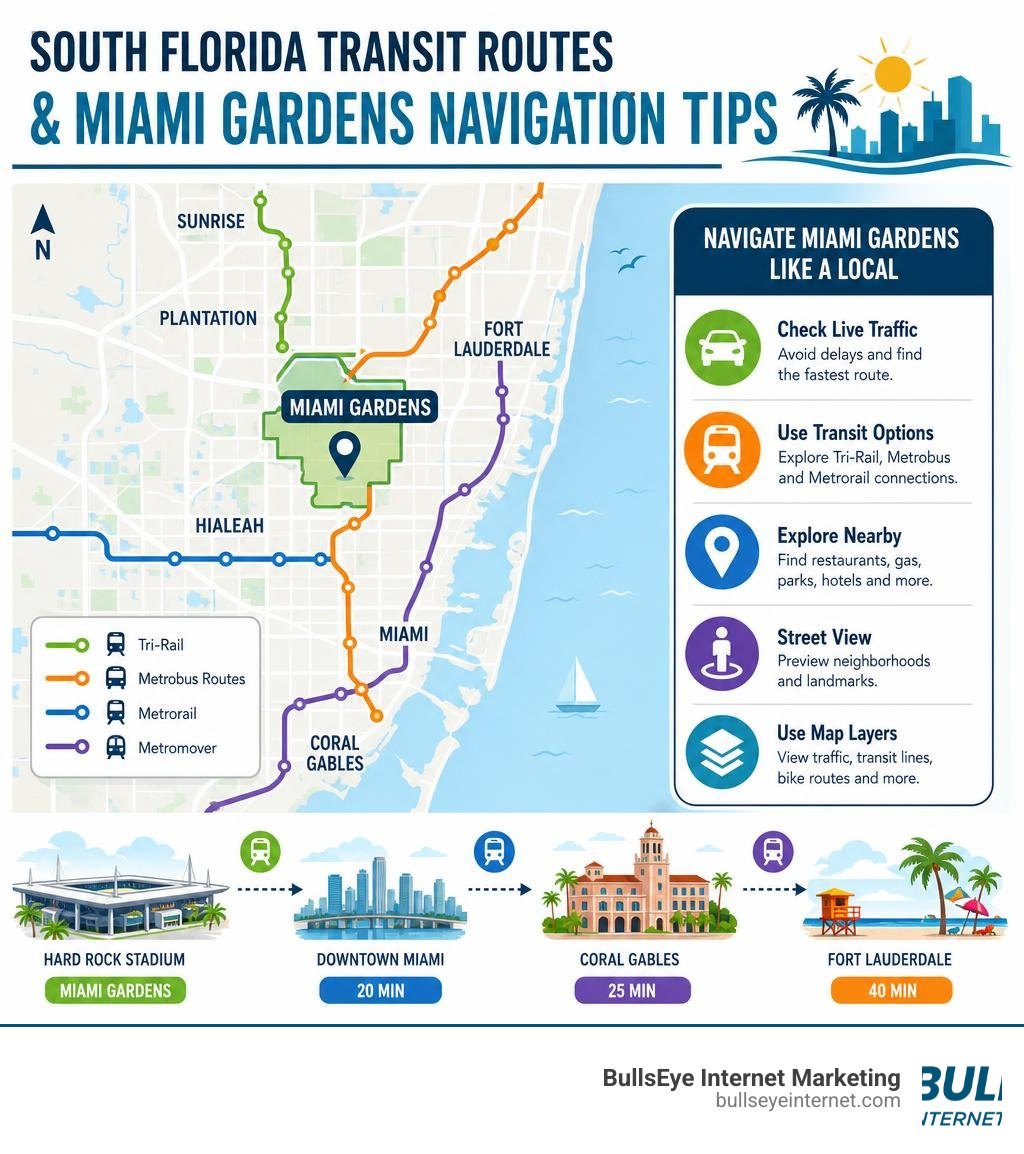 Infographic showing South Florida transit routes and Miami Gardens navigation tips infographic Infographic showing South Florida transit routes and Miami Gardens navigation tips infographic