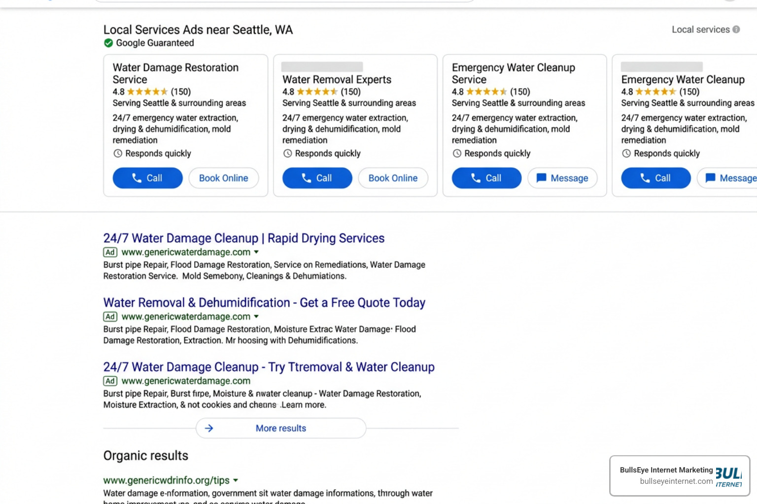 Google Guaranteed Local Services Ads for water damage restoration in Seattle, WA.