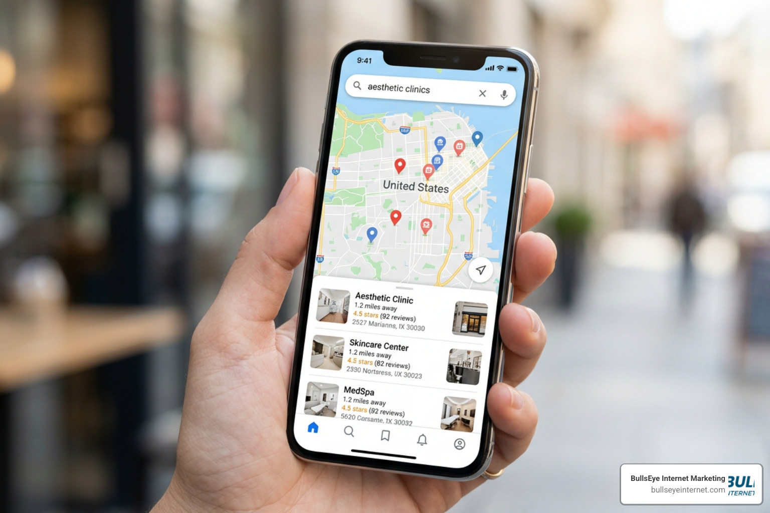 Local map pack showing aesthetic clinics on a smartphone screen Local map pack showing aesthetic clinics on a smartphone screen
