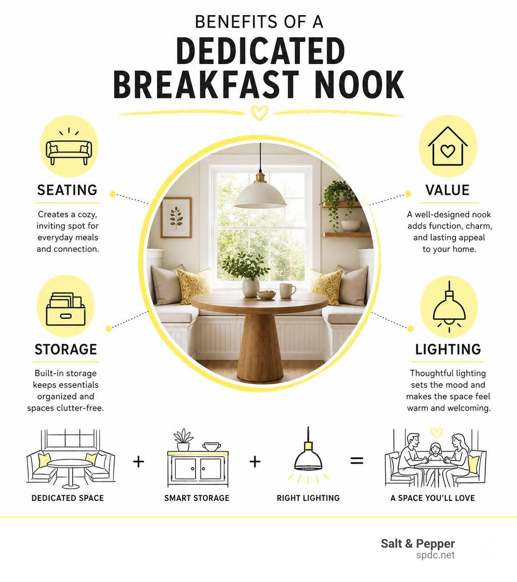 Benefits of a dedicated breakfast nook infographic with seating, storage, value, and lighting infographic Benefits of a dedicated breakfast nook infographic with seating, storage, value, and lighting infographic