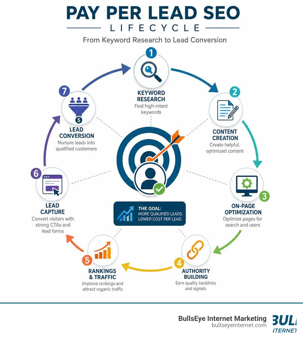 Pay Per Lead SEO lifecycle infographic showing steps from keyword research to lead conversion infographic