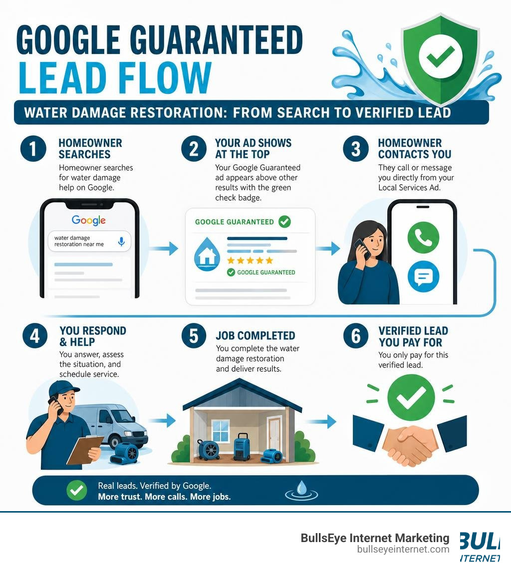 Google Guaranteed ad flow diagram illustrating water damage restoration lead generation process.
