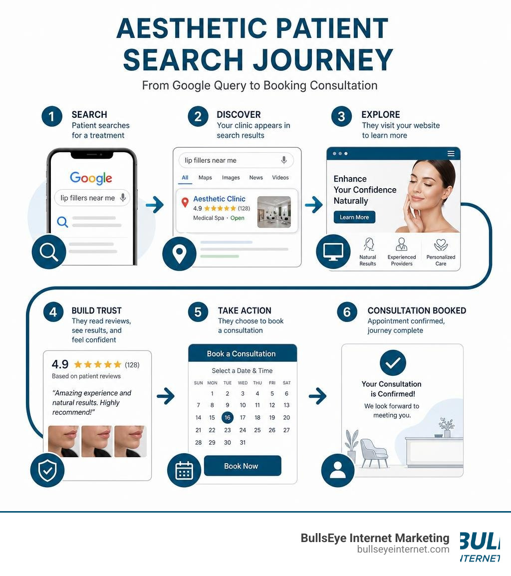 Aesthetic patient search journey from Google query to booking consultation infographic Aesthetic patient search journey from Google query to booking consultation infographic