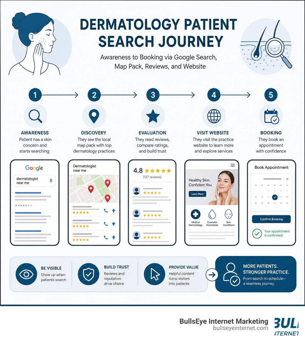 Dermatology patient search journey infographic: awareness to booking via Google search, map pack, reviews, and website Dermatology patient search journey infographic: awareness to booking via Google search, map pack, reviews, and website