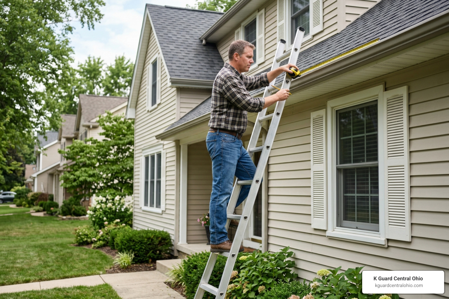 Homeowner measuring roofline for gutter guard cost calculator Homeowner measuring roofline for gutter guard cost calculator