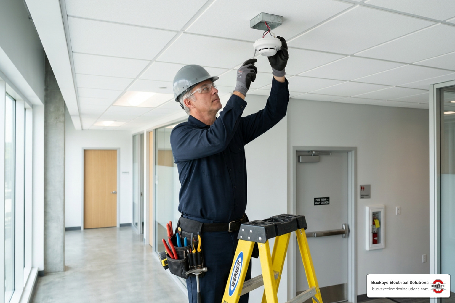 Experienced Ohio electrician in safety gear installing a commercial smoke detector on a clean ceiling