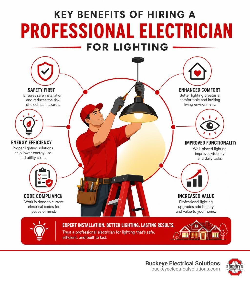 Infographic showing key benefits of hiring a professional electrician for lighting infographic