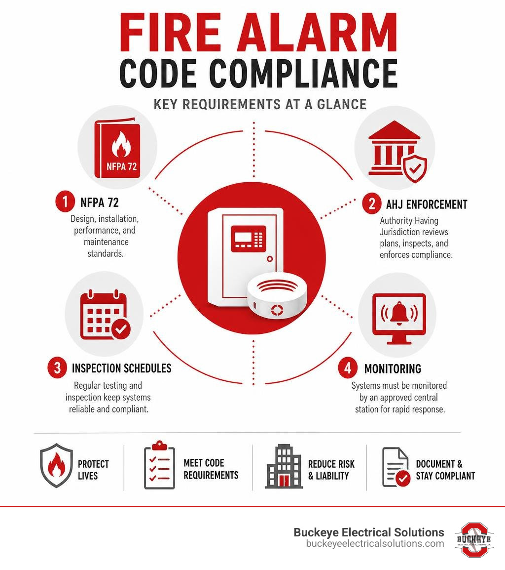 Infographic summarizing fire alarm code compliance requirements: NFPA 72, AHJ enforcement, inspection schedules, monitoring