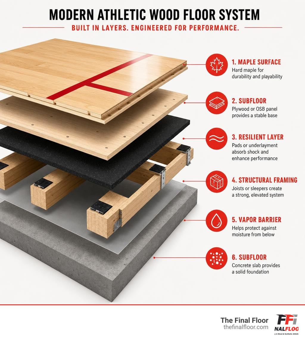 Diagram showing layers of a modern athletic wood floor system from subfloor to maple surface infographic Diagram showing layers of a modern athletic wood floor system from subfloor to maple surface infographic