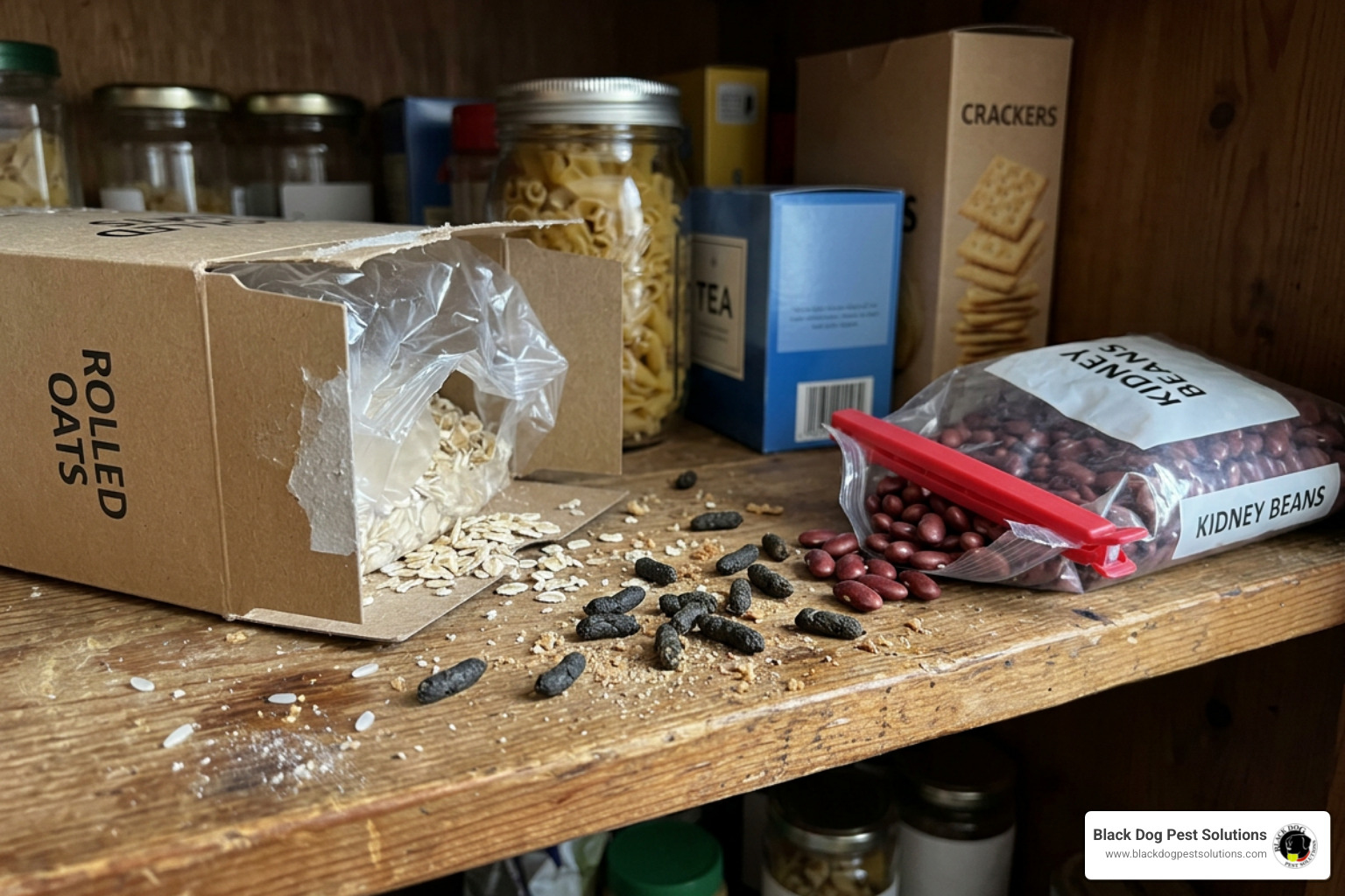 Rodent droppings found in a home pantry next to food packaging Rodent droppings found in a home pantry next to food packaging