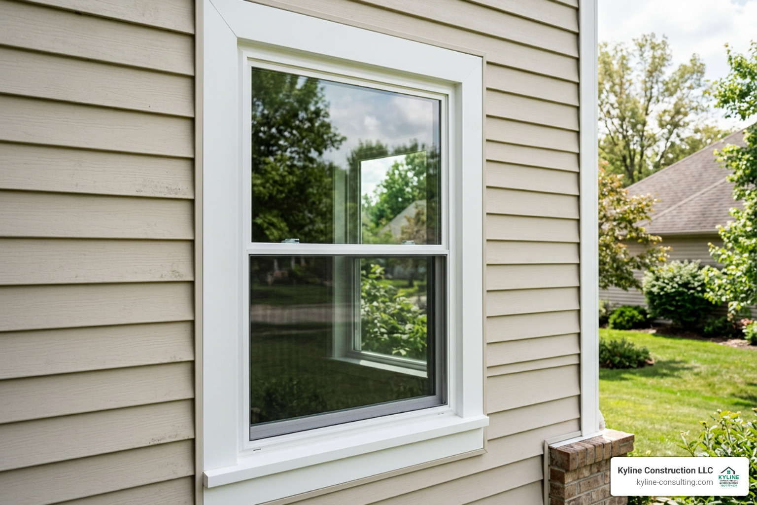 A modern vinyl double-hung window installed in a Central Ohio home with clean trim