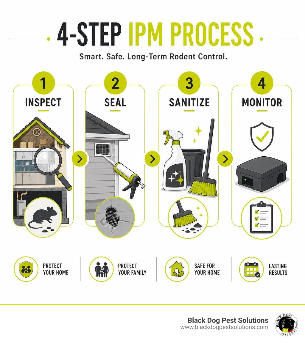 4-step IPM process infographic showing inspect, seal, sanitize, and monitor steps infographic 4-step IPM process infographic showing inspect, seal, sanitize, and monitor steps infographic