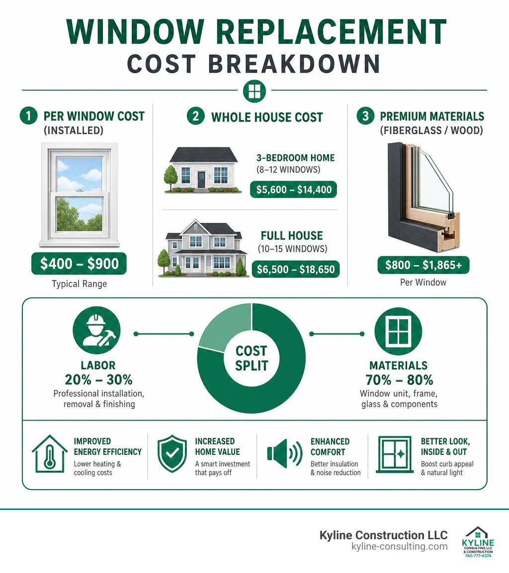 Window replacement cost breakdown infographic: per window cost, whole house cost, labor vs materials split infographic