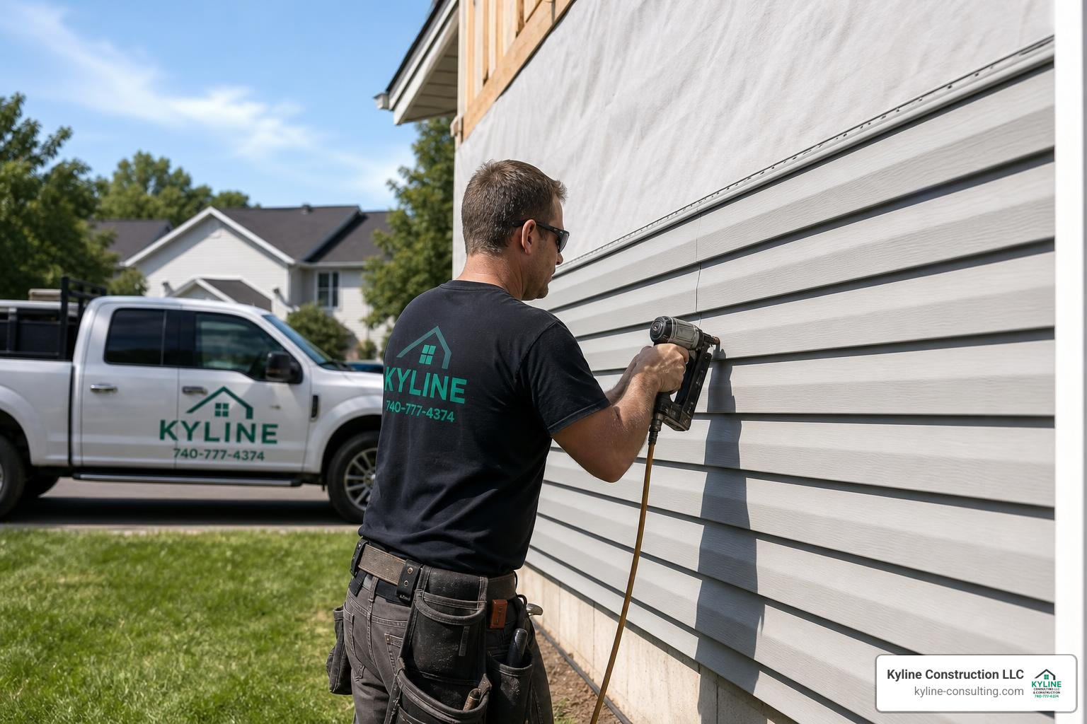 A professional contractor installing vinyl siding on a residential home in Central Ohio with a Kyline Consulting service