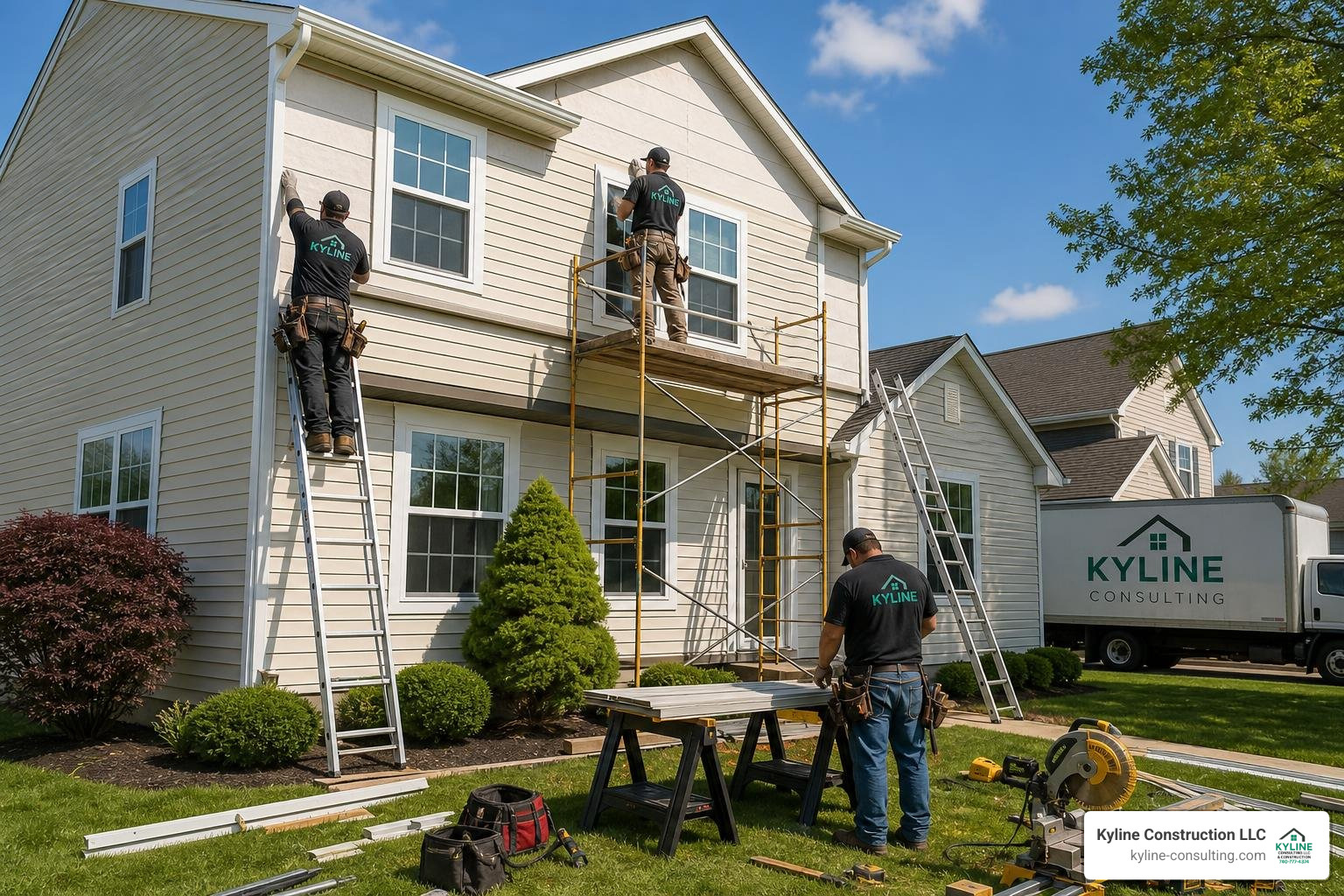 A professional crew installing premium vinyl siding panels on a home in Columbus, Ohio
