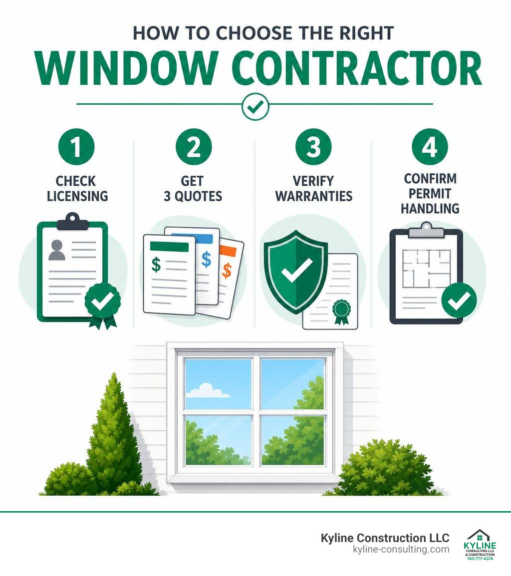 Infographic showing how to choose a window contractor: check licensing, get 3 quotes, verify warranties, confirm permit