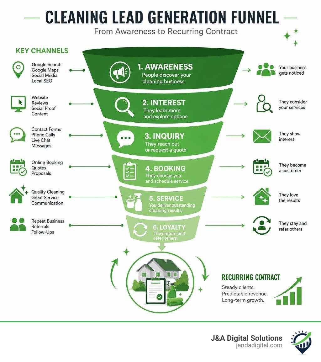 cleaning lead generation funnel from awareness to recurring contract with key channels labeled infographic cleaning lead generation funnel from awareness to recurring contract with key channels labeled infographic