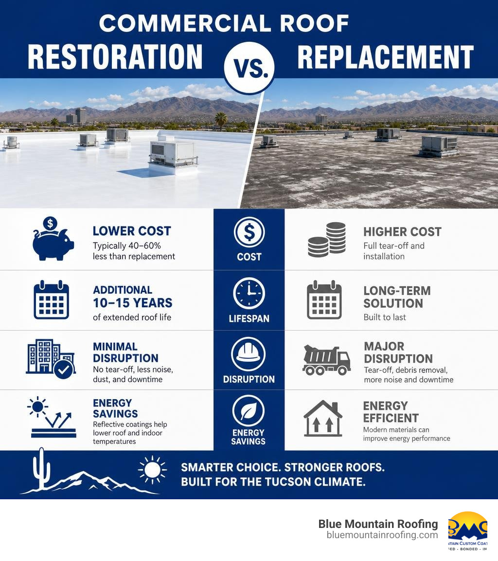 Infographic comparing commercial roof restoration vs replacement: cost, lifespan, disruption, energy savings infographic