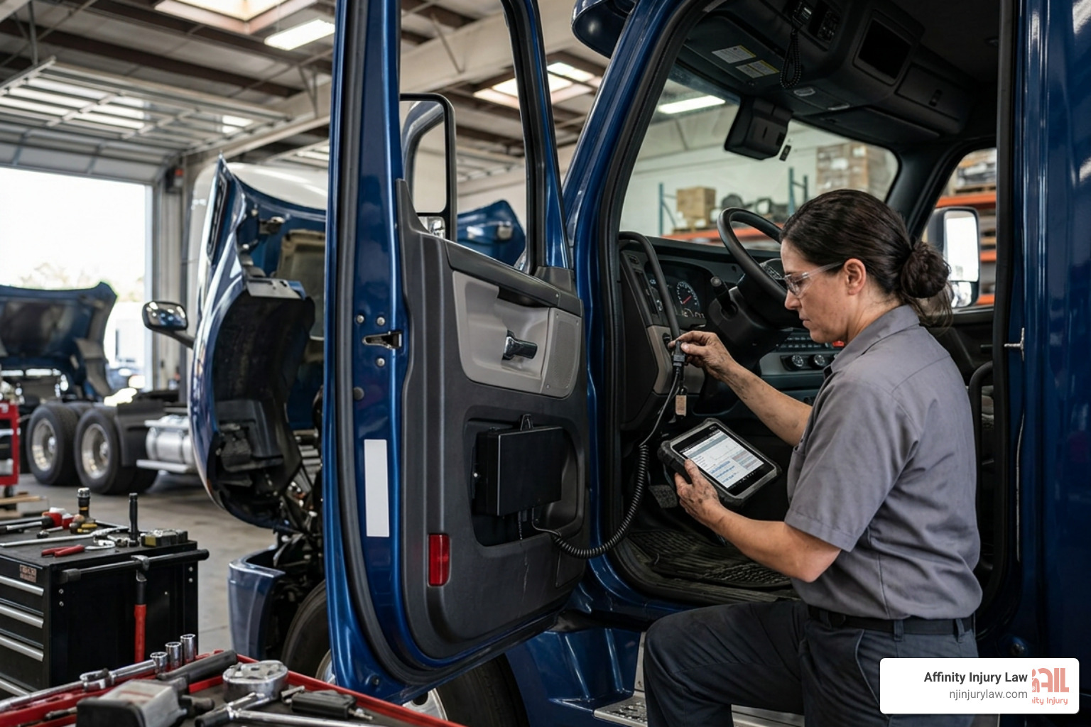 mechanic retrieving black box data from a semi-truck