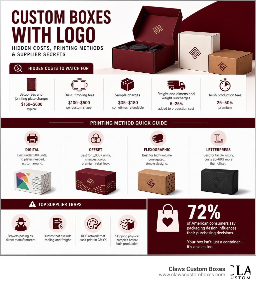 Infographic showing hidden costs, printing methods, and supplier tips for custom boxes with logo infographic