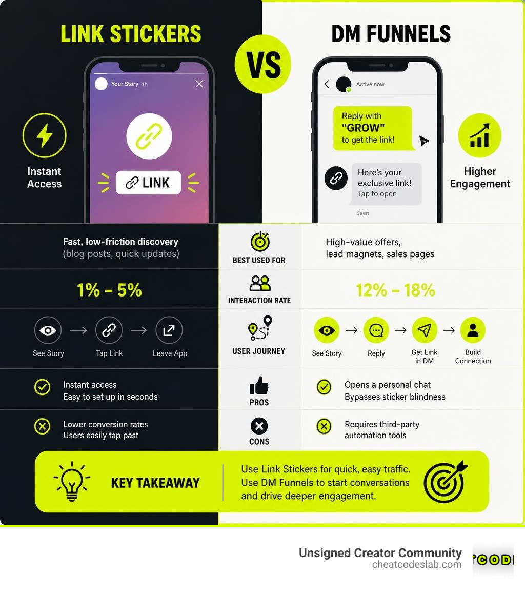 Infographic showing comparison between Link Stickers and DM Funnels infographic Infographic showing comparison between Link Stickers and DM Funnels infographic