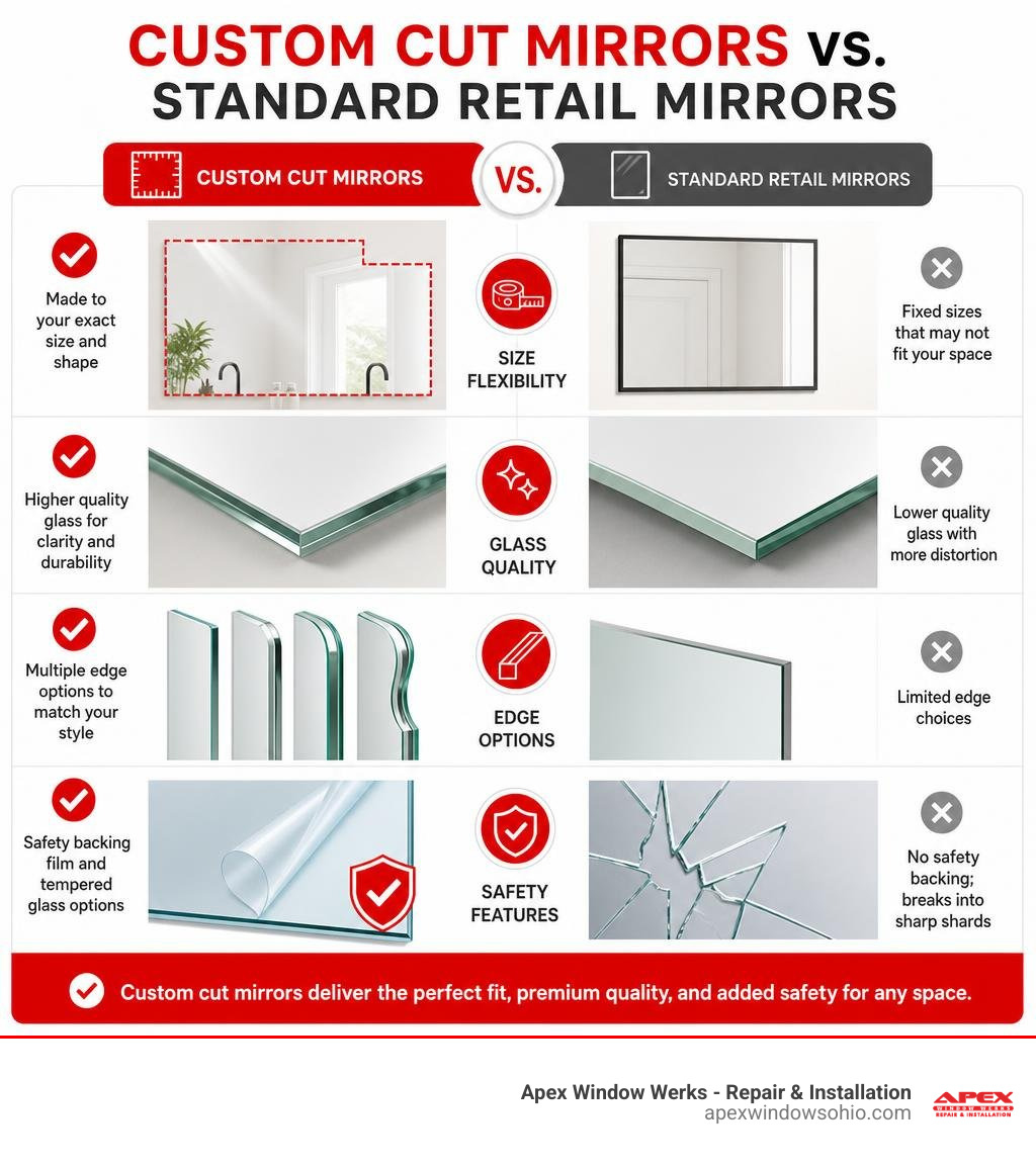 Infographic showing benefits of custom cut mirrors vs standard retail mirrors including size flexibility, glass quality