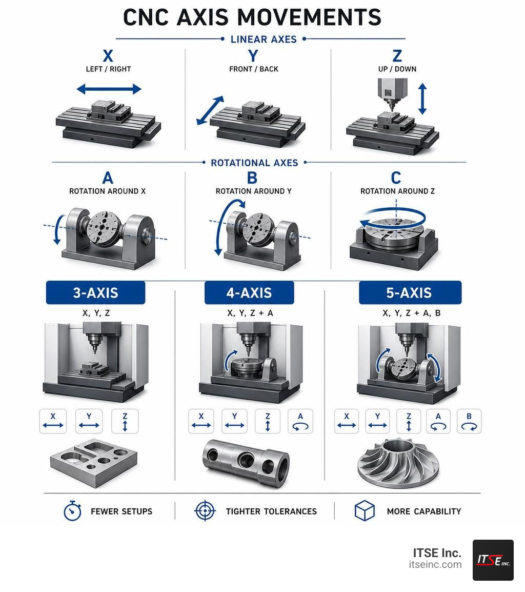 Infographic showing X Y Z A B C CNC axis movements and 3-axis vs 4-axis vs 5-axis configurations infographic