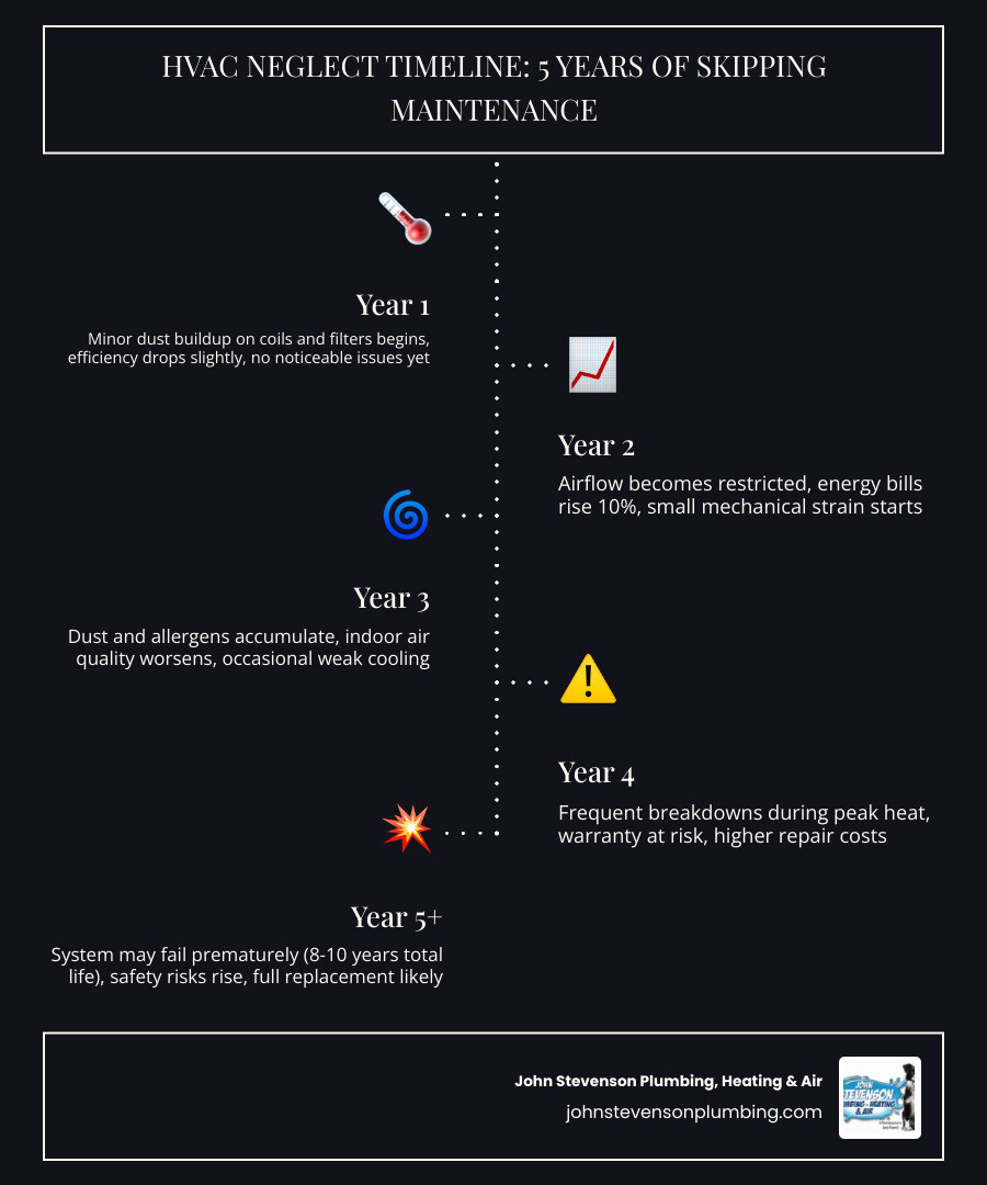 Timeline infographic showing HVAC efficiency loss and risk increase from year 1 to year 5+ of skipped maintenance infographic