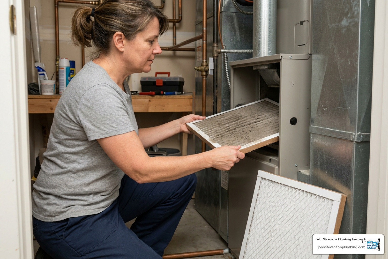 A homeowner sliding a dirty, dust-covered HVAC air filter out of its slot to replace it with a clean one