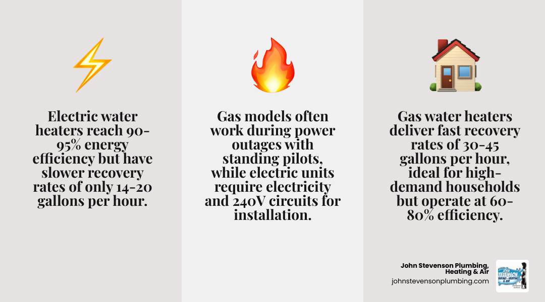 Infographic comparing gas vs electric water heaters: recovery rate, efficiency, lifespan, and best use cases infographic