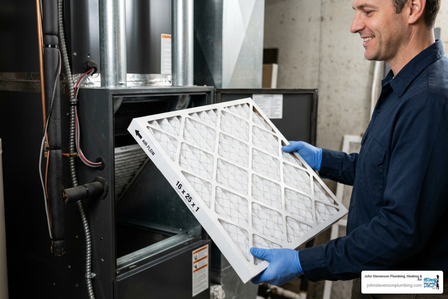 A brand new, clean pleated air filter ready to be installed in a home HVAC system