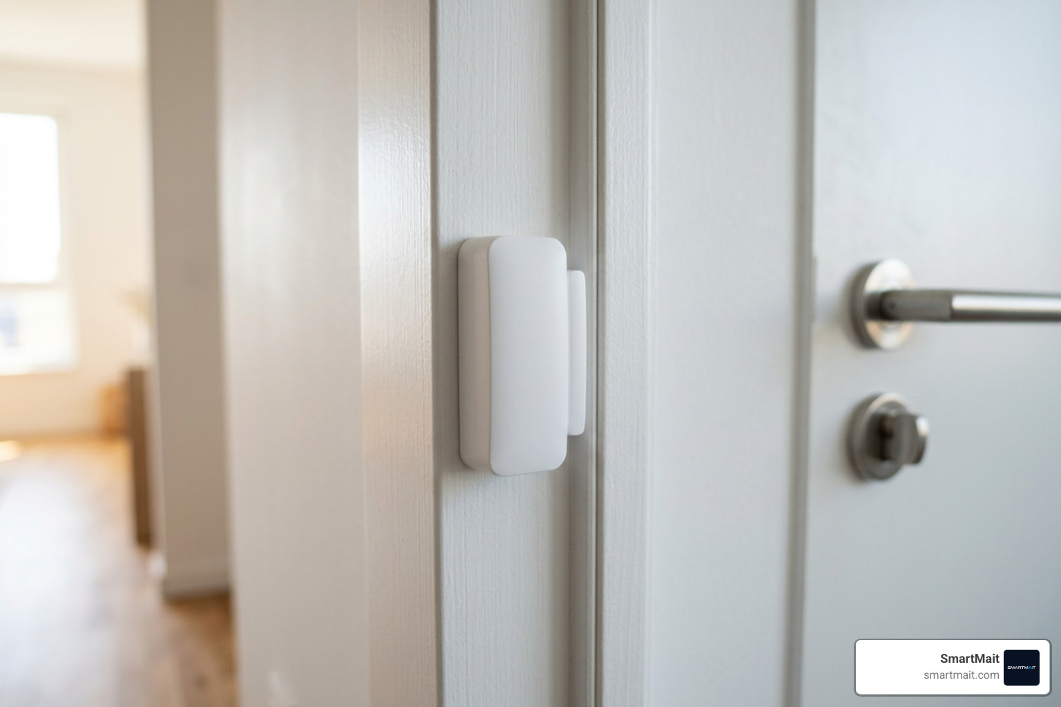 Sleek, professionally installed wireless door sensor on a modern apartment doorframe