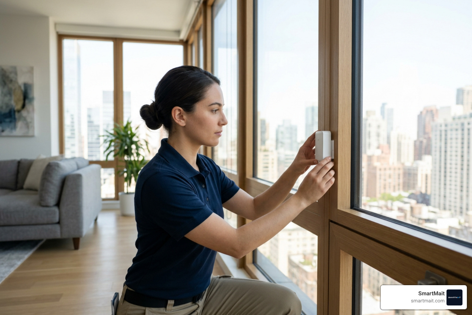 Professional technician installing a non-invasive window sensor inside a high-end apartment