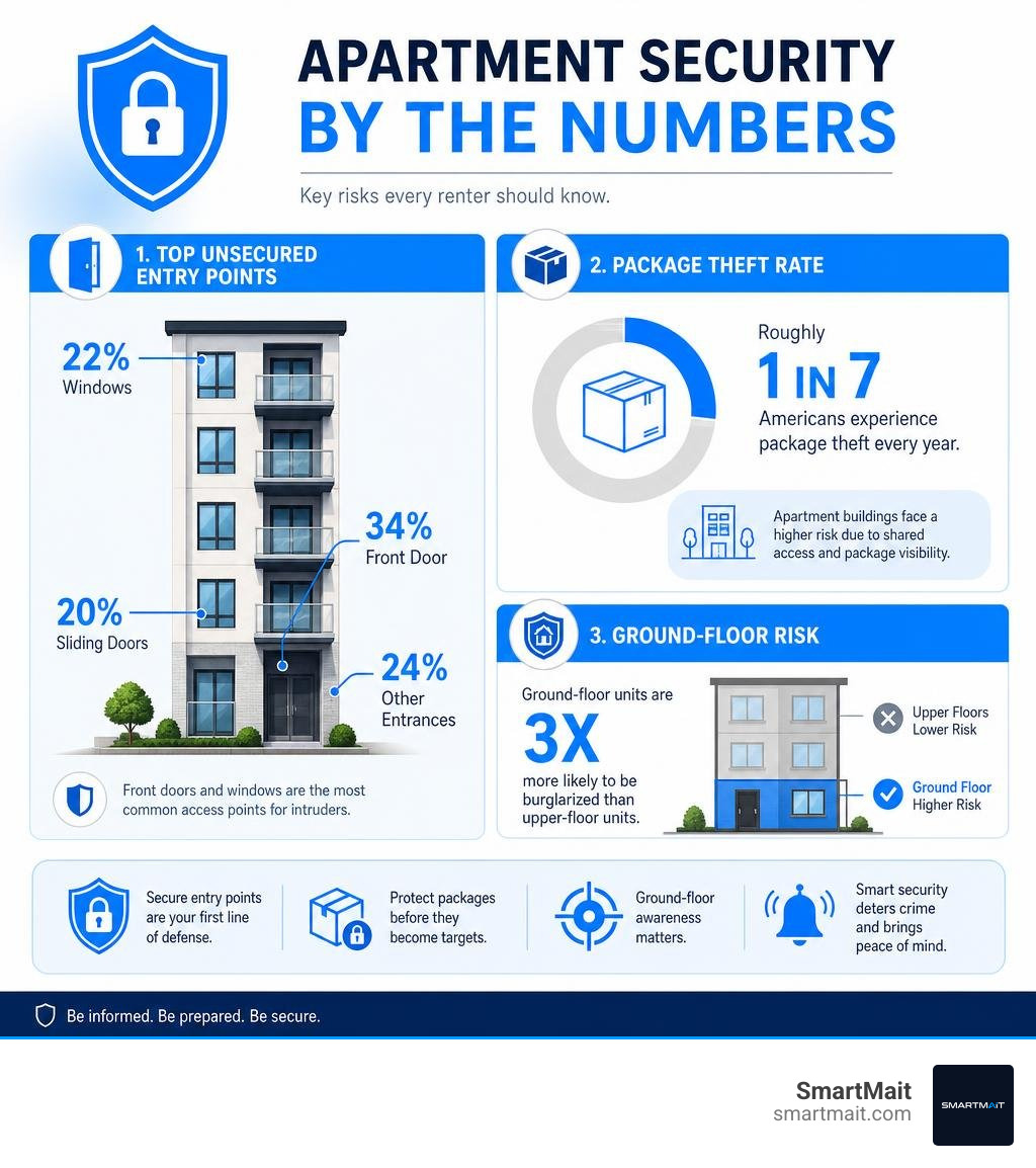 Apartment security statistics: entry points, package theft rates, and ground-floor risk breakdown infographic