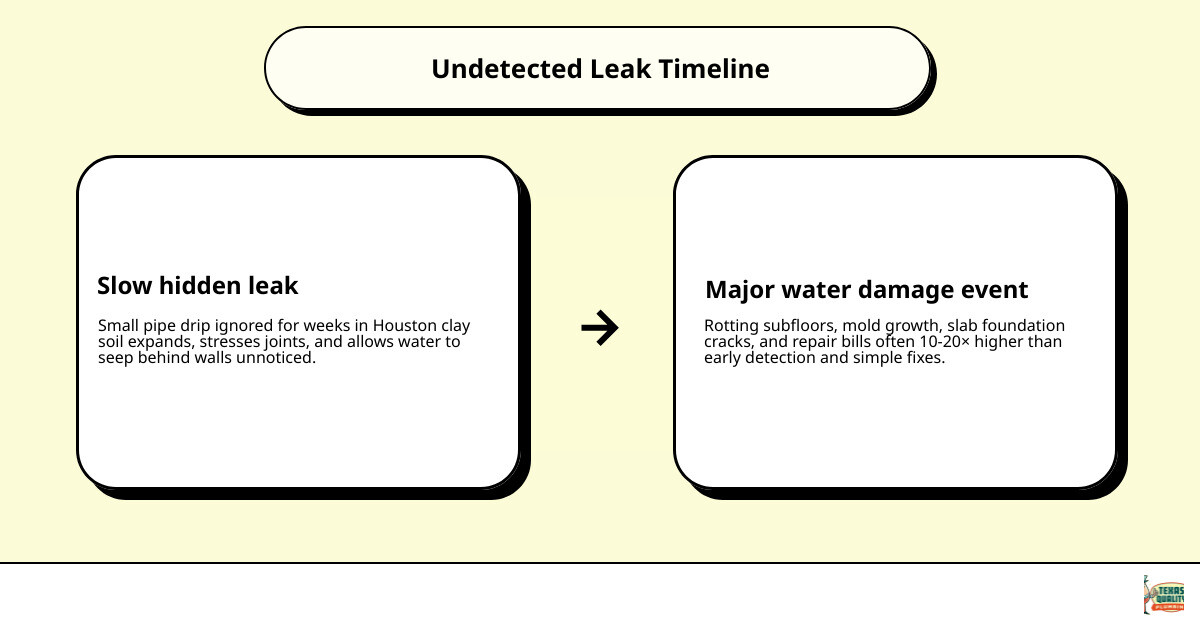 Infographic showing timeline of undetected pipe leak turning into major water damage event infographic Infographic showing timeline of undetected pipe leak turning into major water damage event infographic