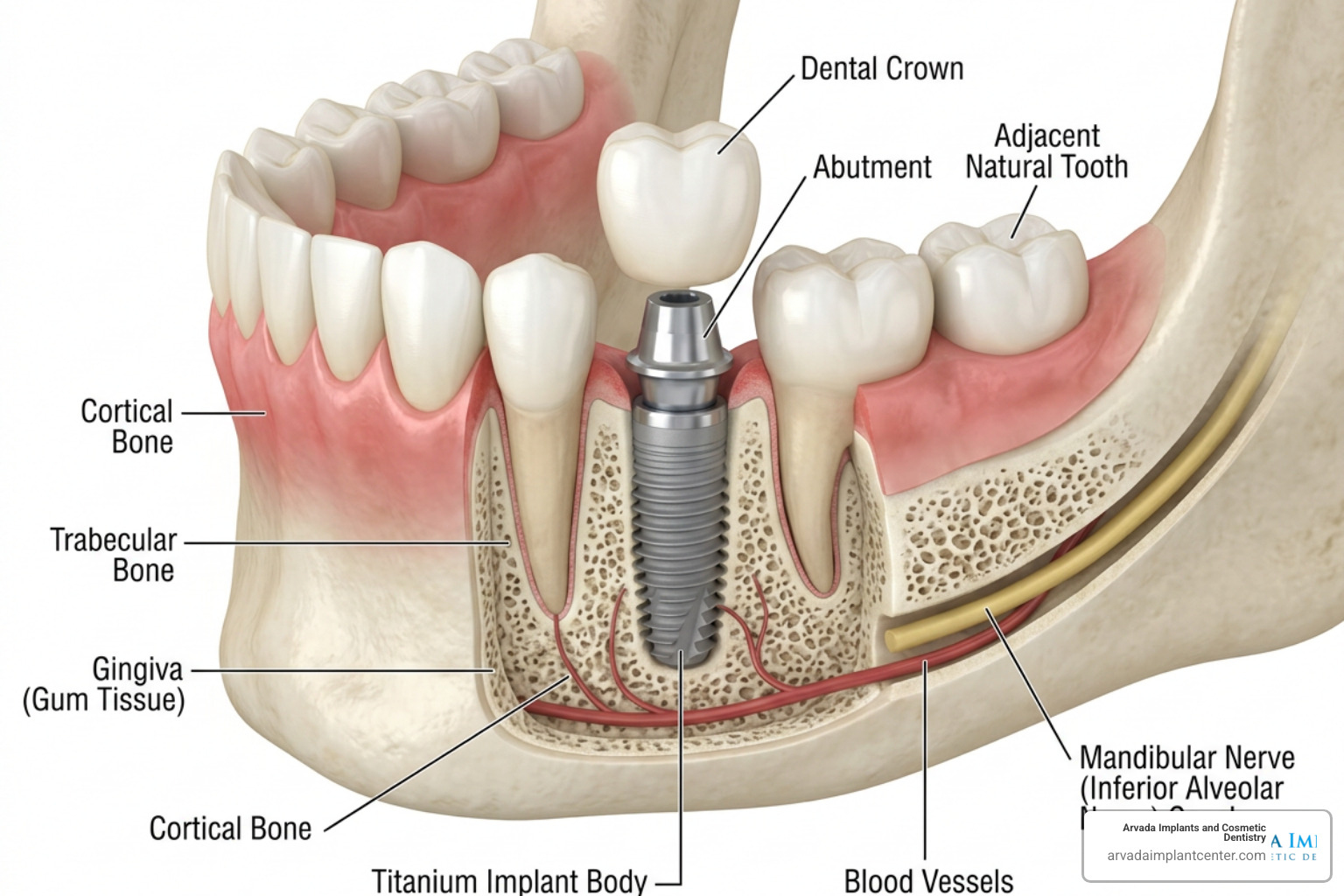 Illustrative diagram of a dental implant procedure showing the implant body in the jawbone