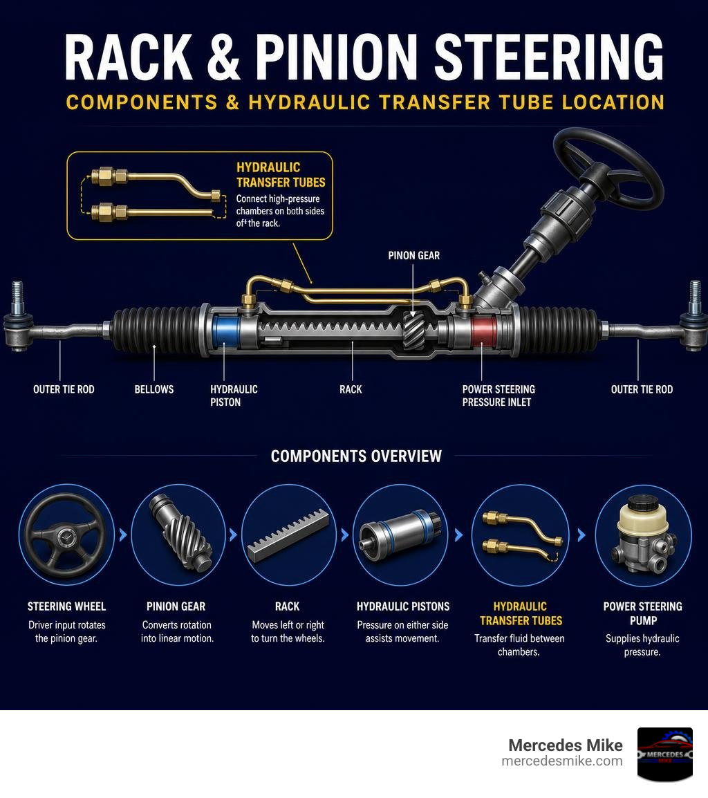 Diagram of rack and pinion steering components and hydraulic transfer tube location infographic Diagram of rack and pinion steering components and hydraulic transfer tube location infographic