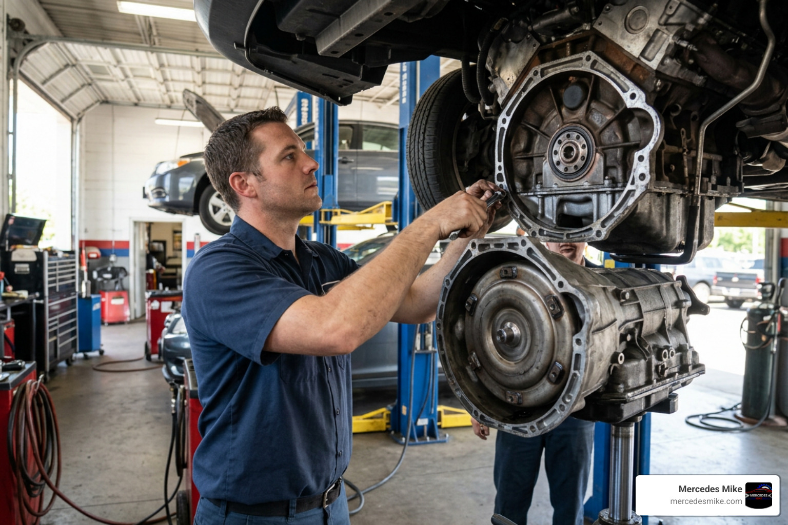 mechanic removing a transmission to access the torque converter
