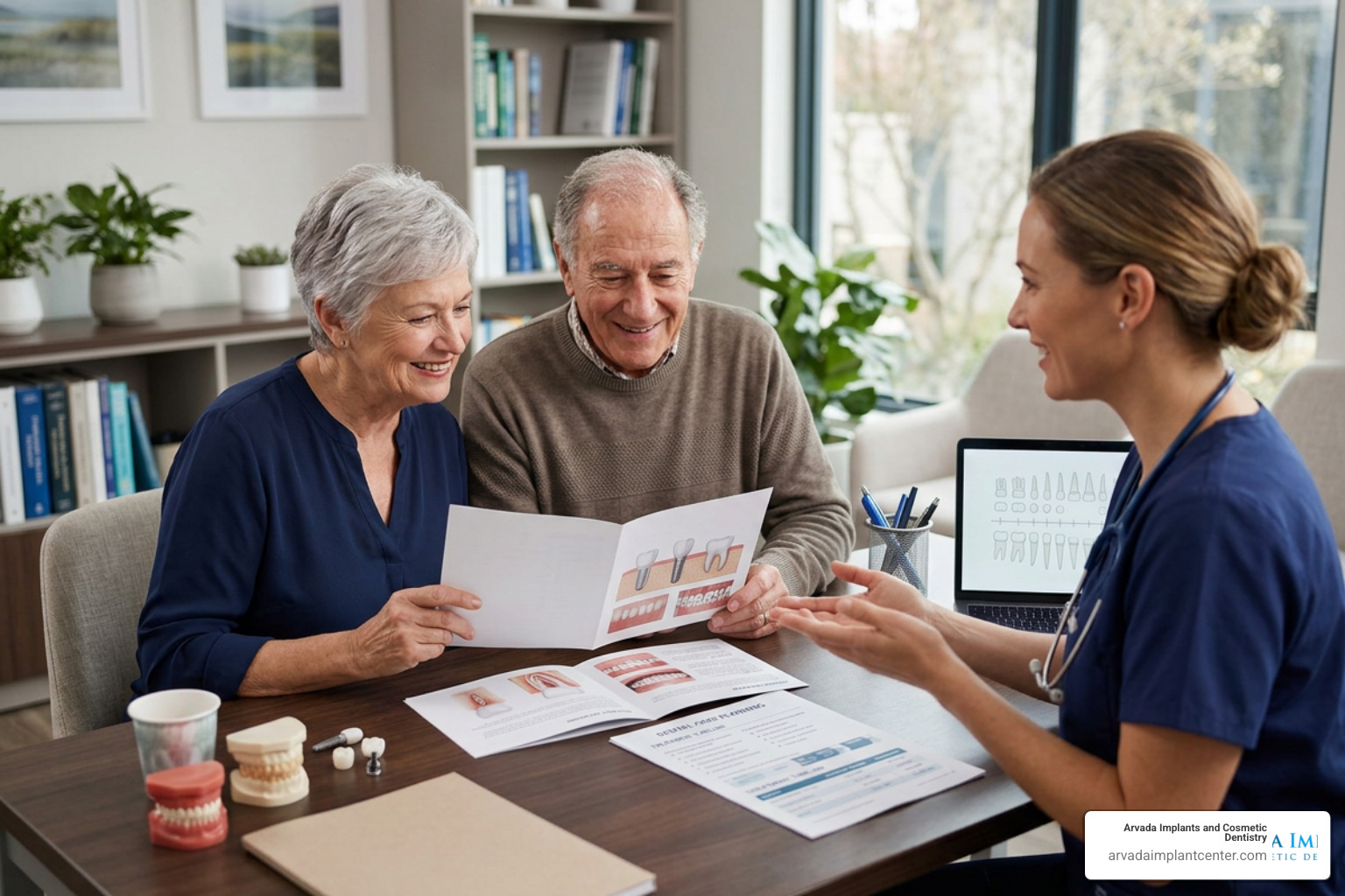 Senior couple smiling while discussing dental treatment plans and financial options Senior couple smiling while discussing dental treatment plans and financial options