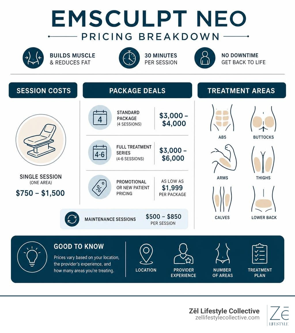 Emsculpt NEO pricing breakdown infographic showing session costs, package deals, and treatment areas infographic Emsculpt NEO pricing breakdown infographic showing session costs, package deals, and treatment areas infographic