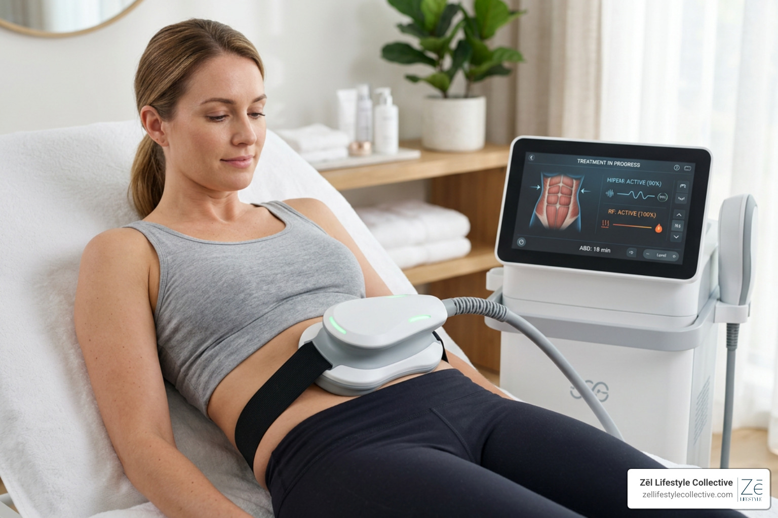 Emsculpt NEO applicator on abdomen showing dual HIFEM and RF technology Emsculpt NEO applicator on abdomen showing dual HIFEM and RF technology
