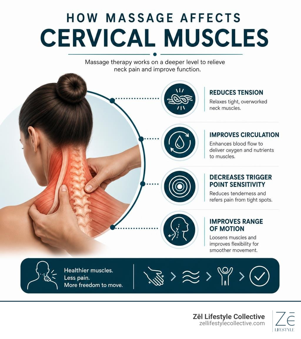 Infographic showing how massage affects cervical muscles: reduces tension, improves circulation, decreases trigger point