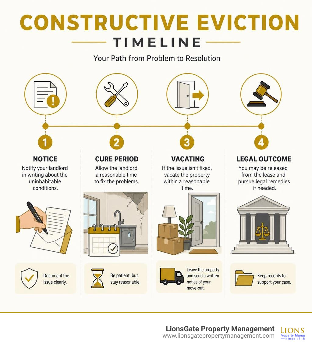 Constructive eviction timeline infographic showing notice, cure period, vacating, and legal outcome steps infographic Constructive eviction timeline infographic showing notice, cure period, vacating, and legal outcome steps infographic