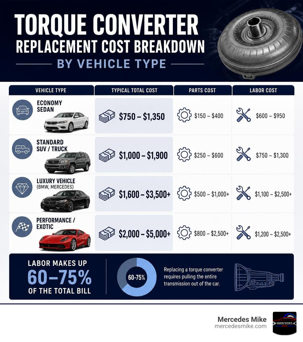 Torque converter replacement cost breakdown by vehicle type infographic infographic