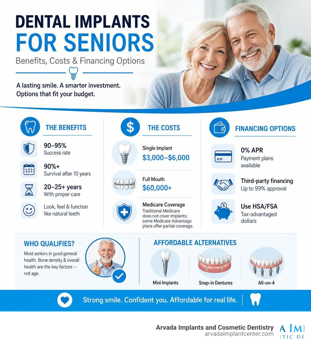 Infographic showing dental implant benefits, costs, and financing options for seniors infographic Infographic showing dental implant benefits, costs, and financing options for seniors infographic