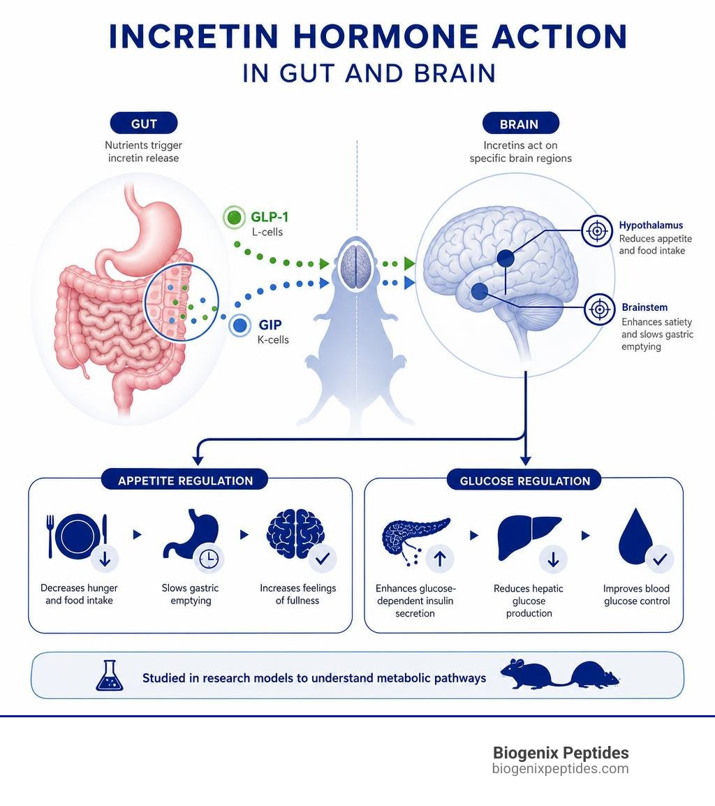 Incretin hormone action in gut and brain of research models showing GLP-1 GIP pathways appetite and glucose regulation