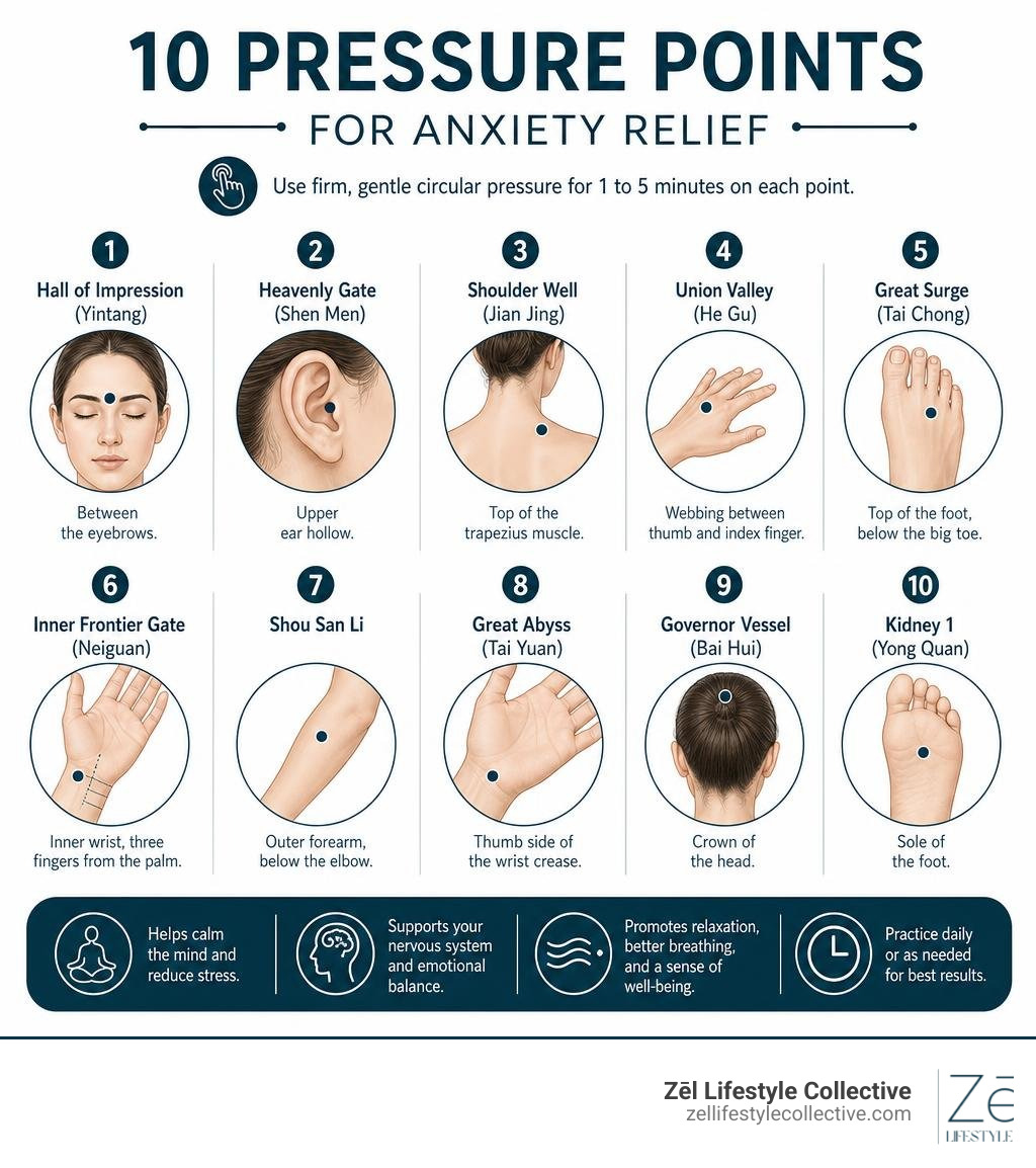 Infographic showing 10 acupressure points for anxiety relief with body locations and brief instructions infographic Infographic showing 10 acupressure points for anxiety relief with body locations and brief instructions infographic